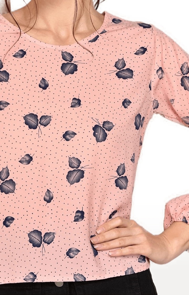 Women's Peach Polyester Printed Blouson Top