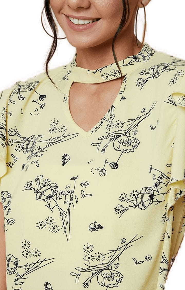 Women's Yellow Lycra Printed Blouson Top