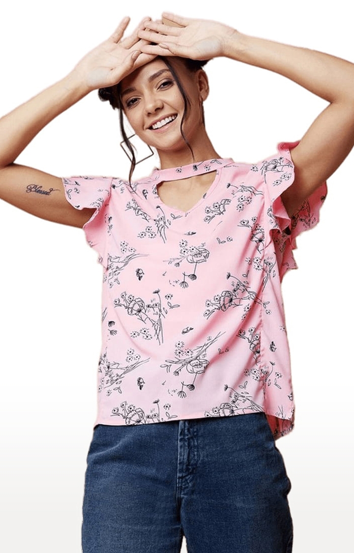 Women's Pink Lycra Printed Blouson Top