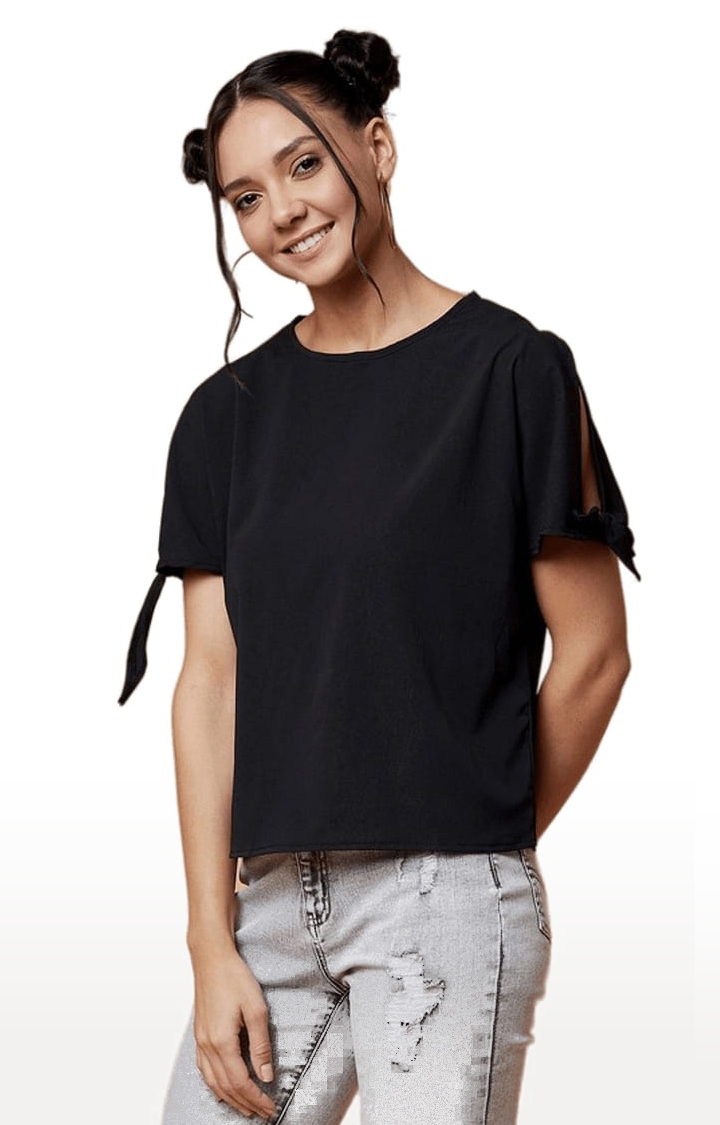 Women's Black Polyester Solid Blouson Top
