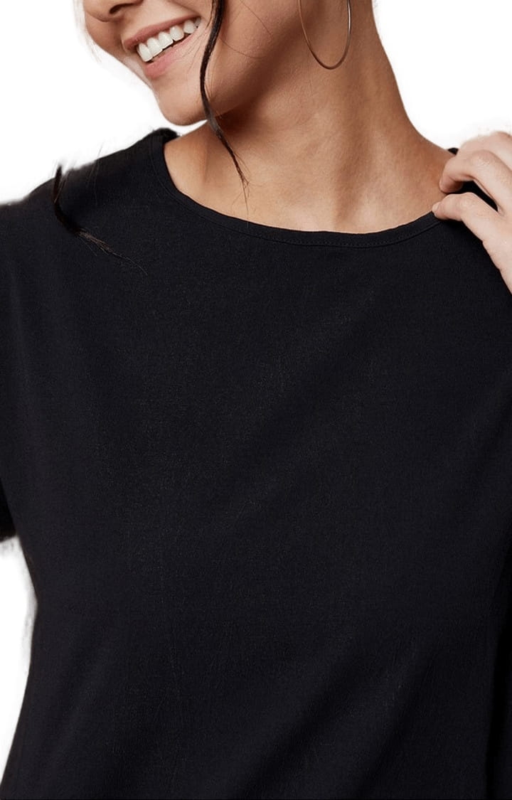 Women's Black Polyester Solid Blouson Top