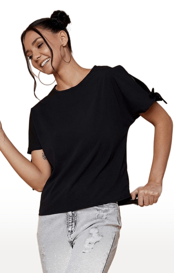 CHIMPAAANZEE | Women's Black Polyester Solid Blouson Top