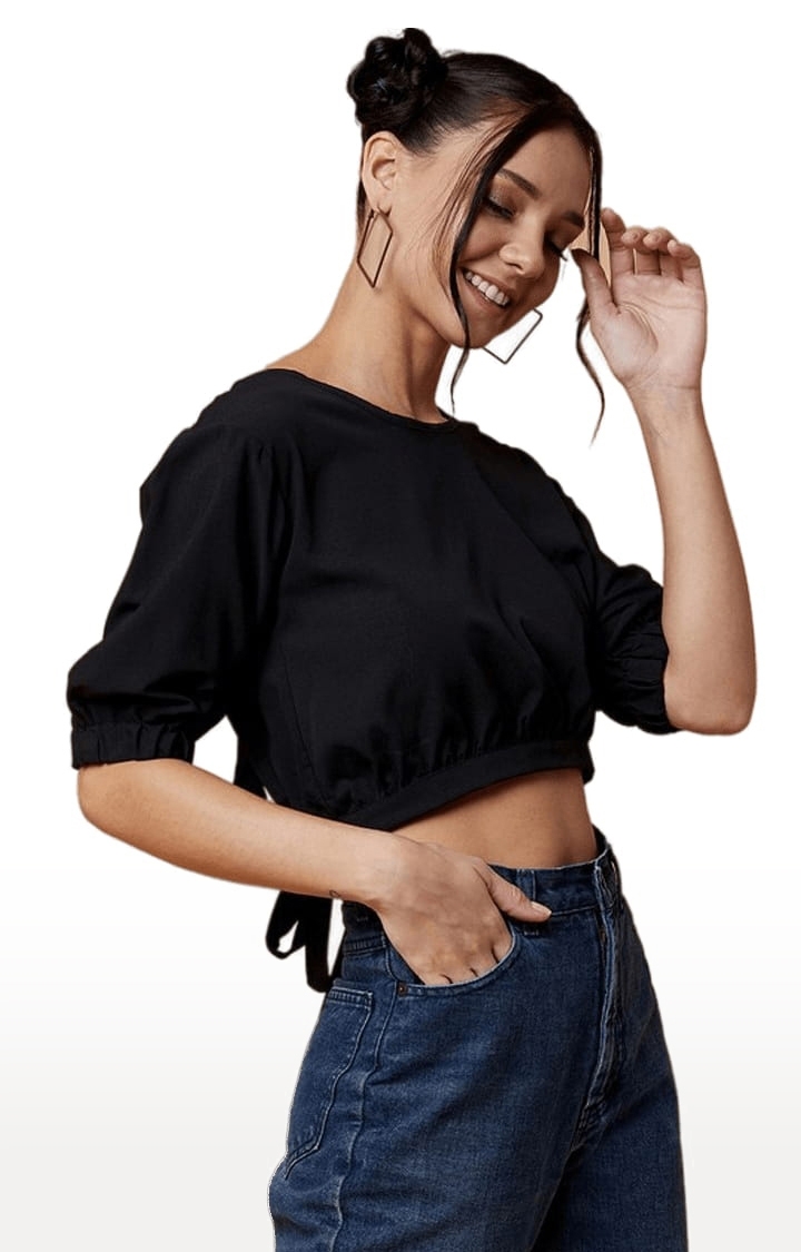 Women's Black Polyester Solid  Blouson Top