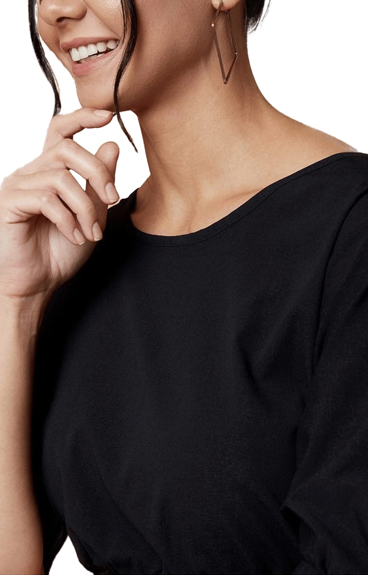 Women's Black Polyester Solid  Blouson Top