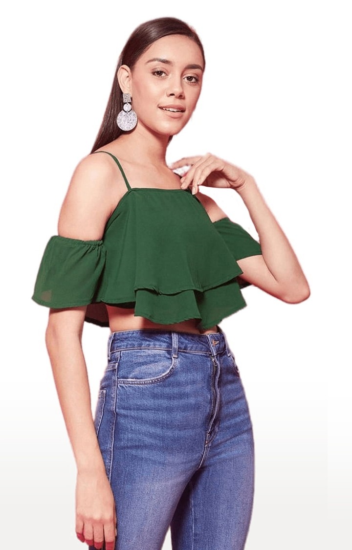 Women's Green Polyester Solid Strappy Top