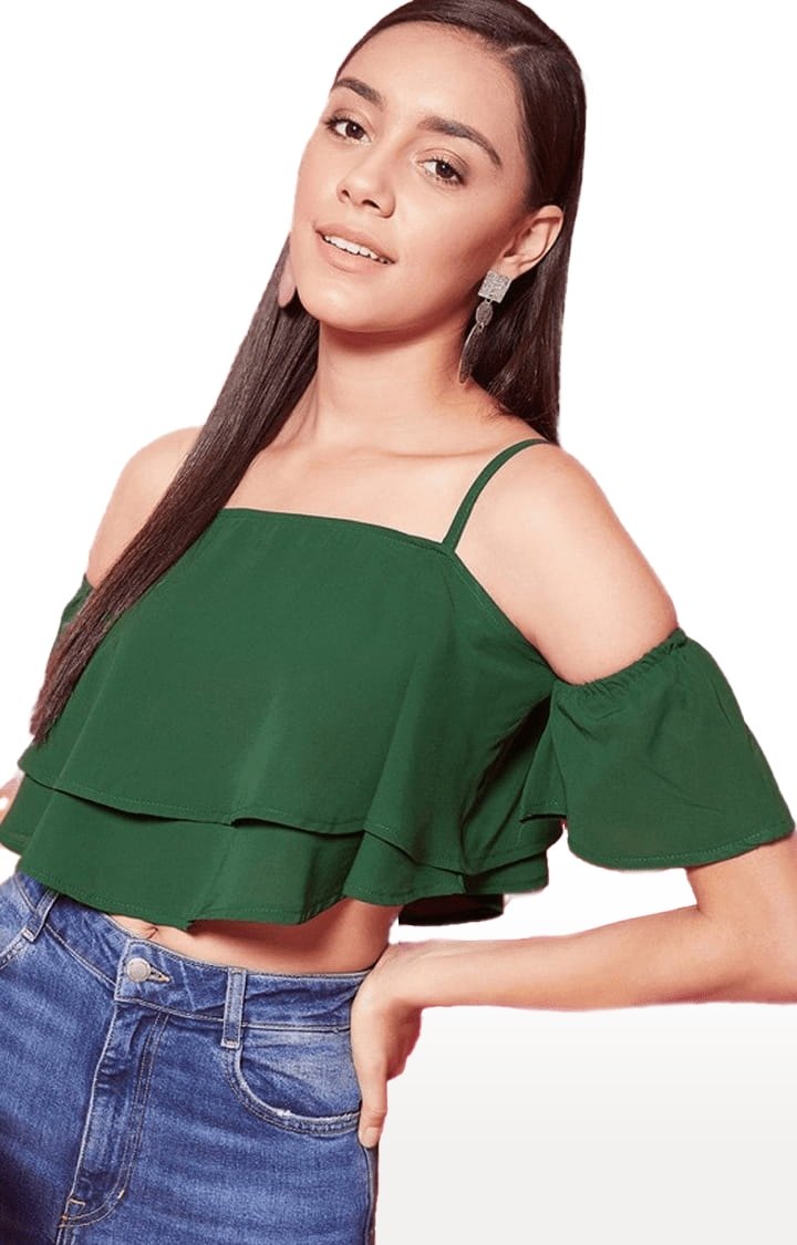 Women's Green Polyester Solid Strappy Top