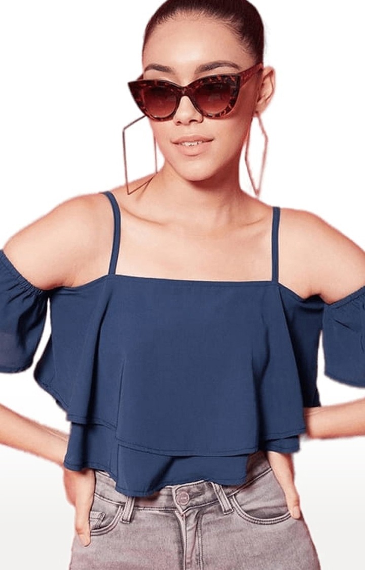 Women's Dark Blue Polyester Solid Strappy Top