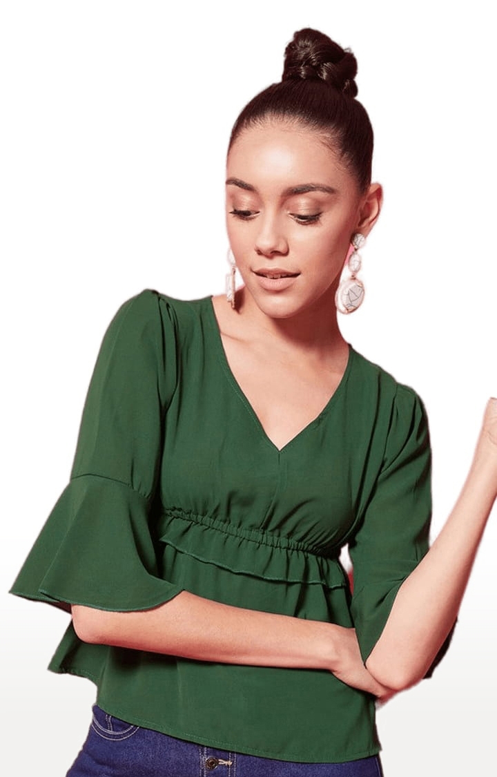 CHIMPAAANZEE | Women's Green Polyester Solid Peplum Top