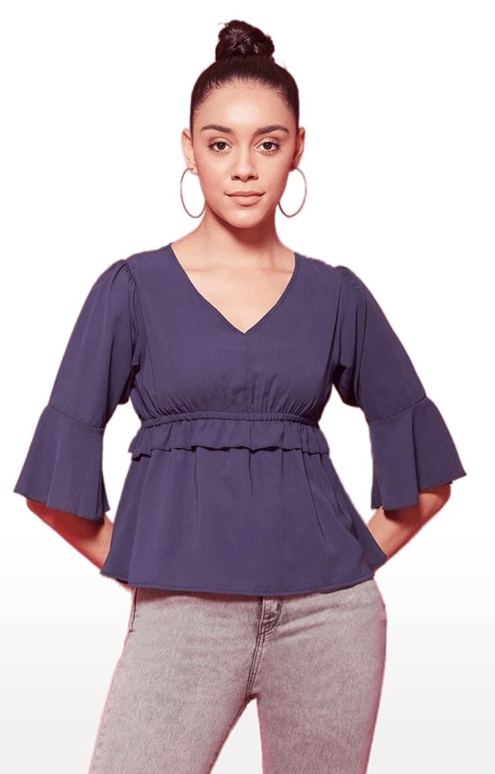 Women's Dark Blue Polyester Solid Peplum Top