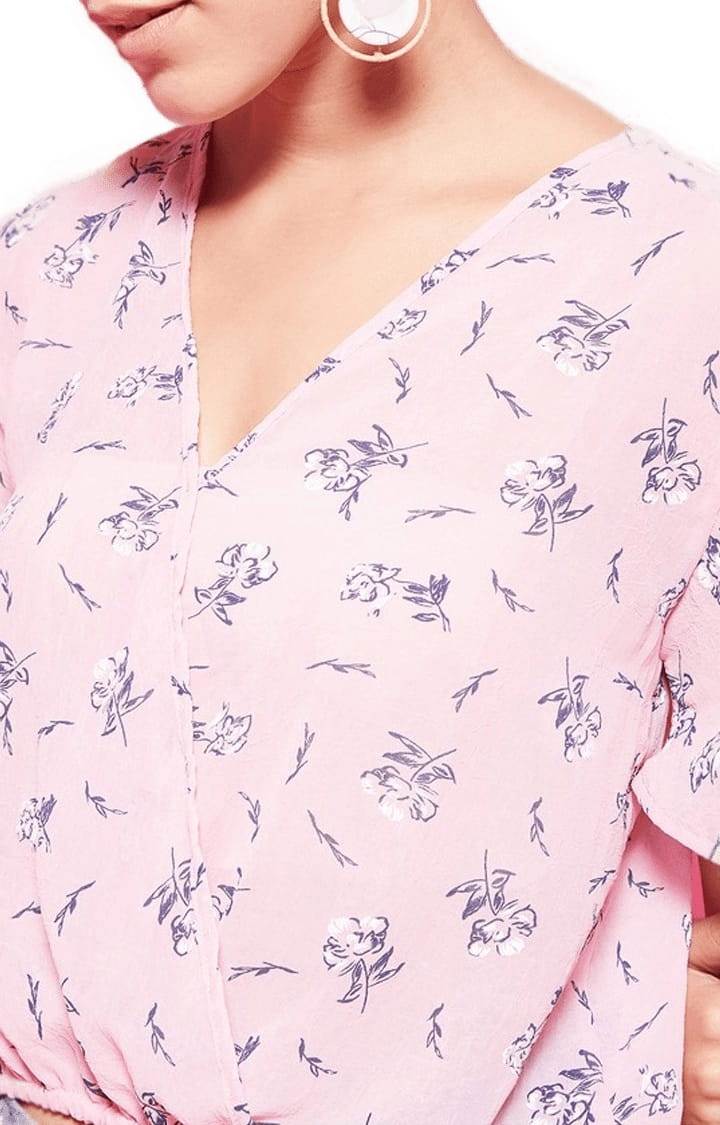 Women's Pink Polyester Printed  Blouson Top