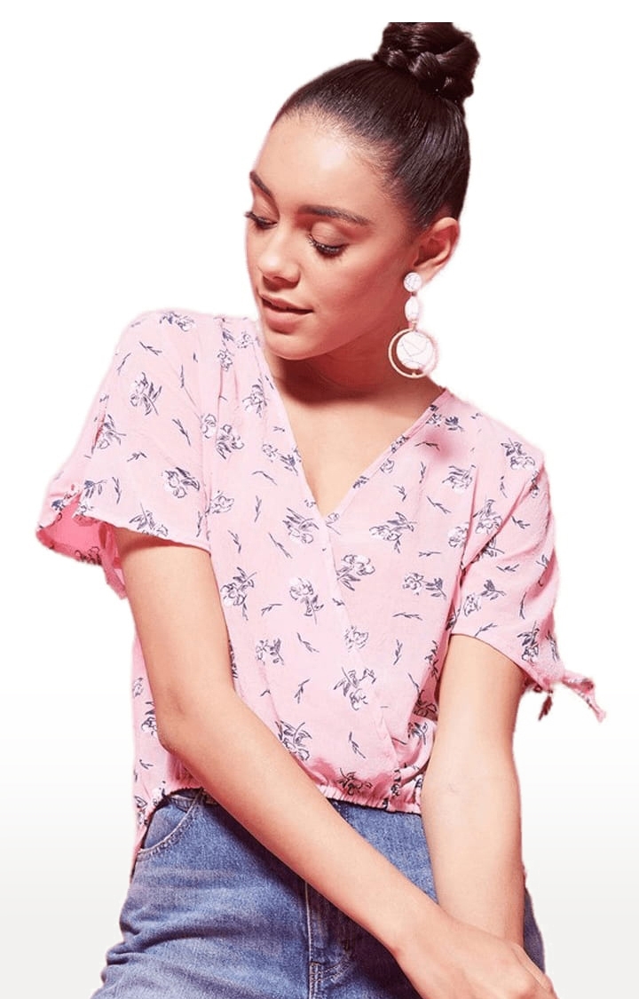 Women's Pink Polyester Printed  Blouson Top