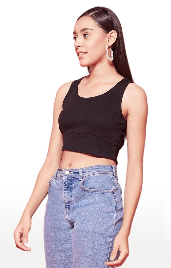 Women's Black Polyester Solid Tank Top