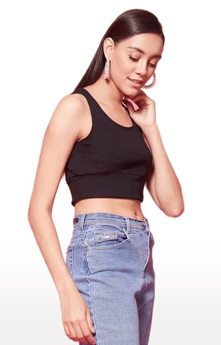 Women's Black Polyester Solid Tank Top