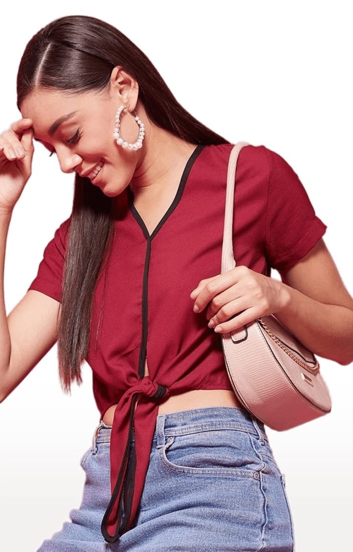 Women's Maroon Polyester Solid Crop Top