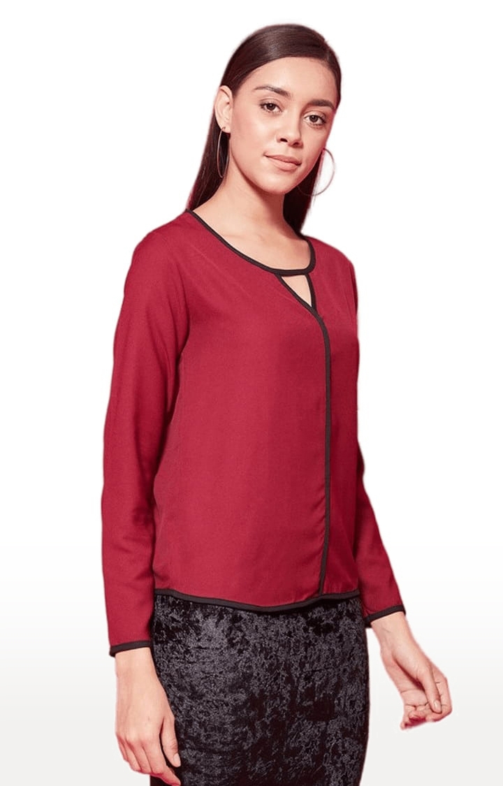 Women's Maroon Polyester  Solid Blouson Top
