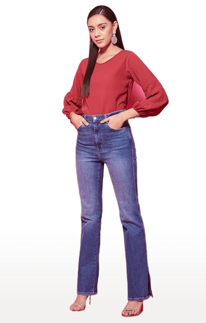 Women's Maroon  Polyester  Solid Blouson Top