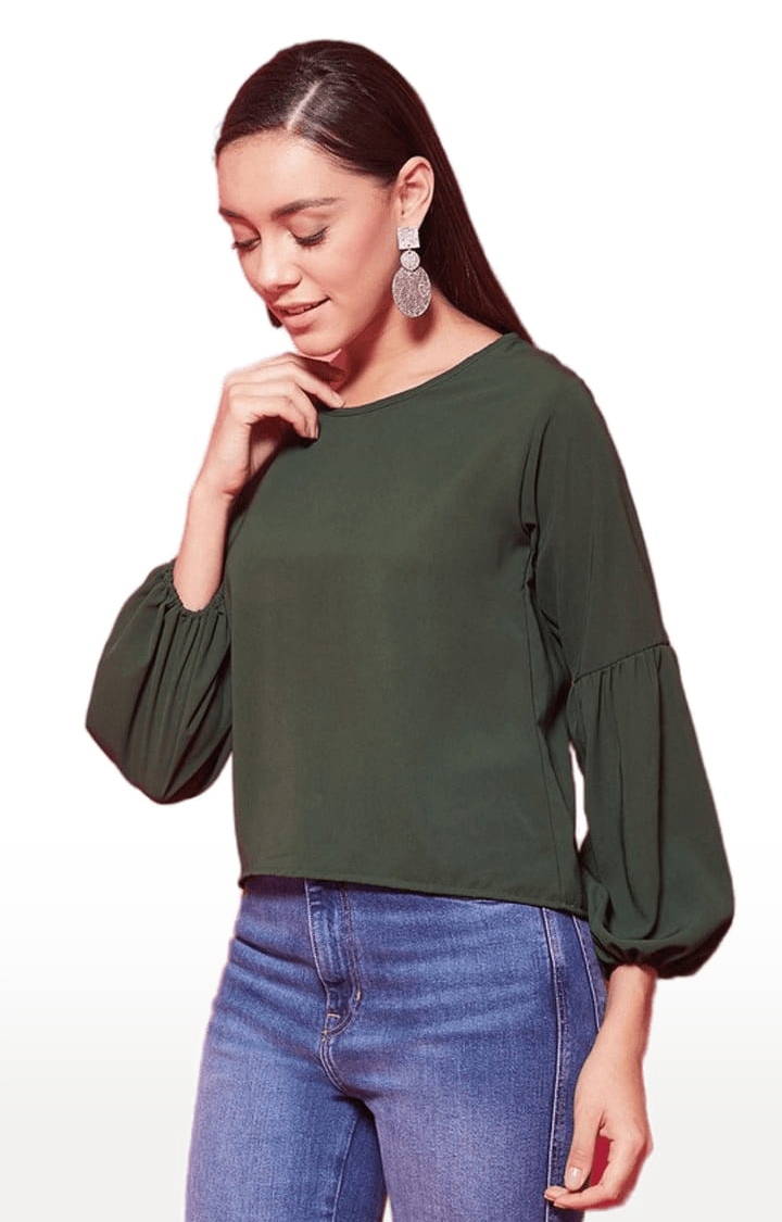 CHIMPAAANZEE | Women's Green Polyester  Solid Blouson Top