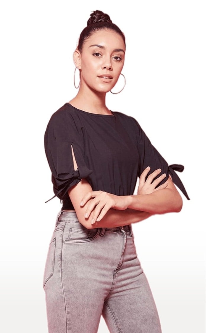 Women's Black Polyester Solid  Blouson Top
