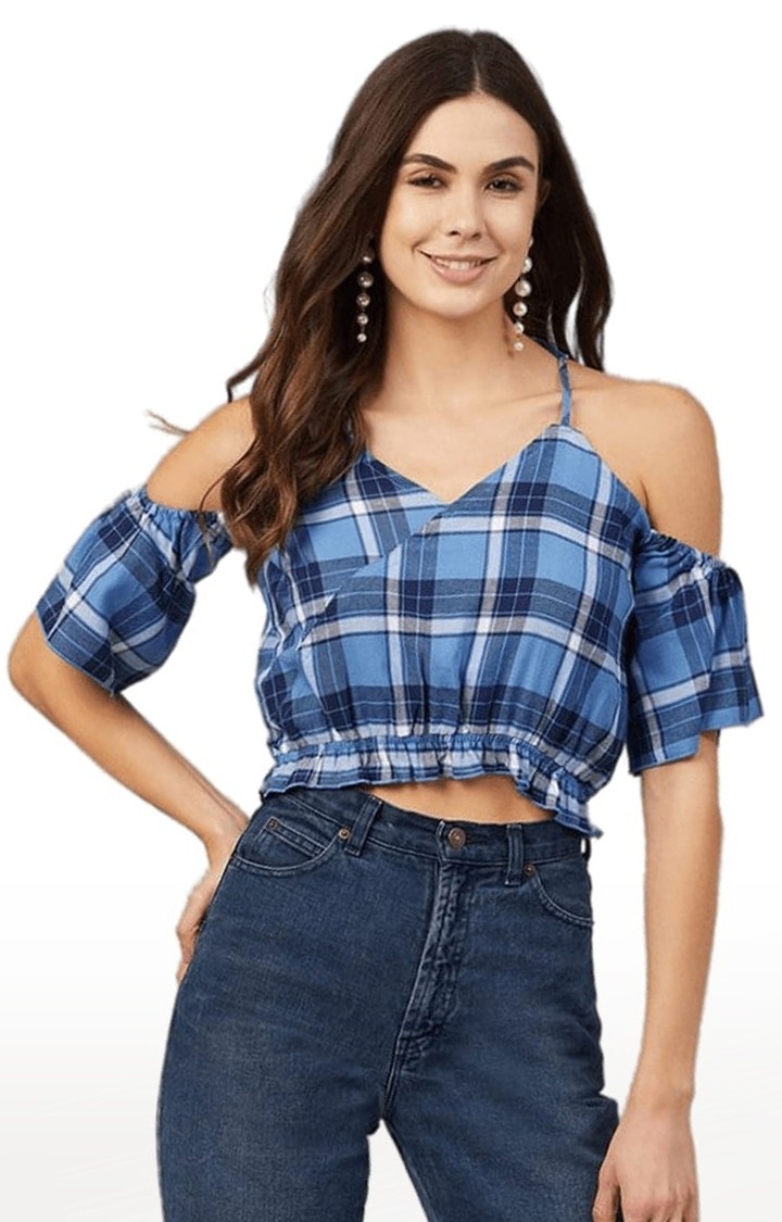 Women's Blue Viscose Checked  Blouson Top