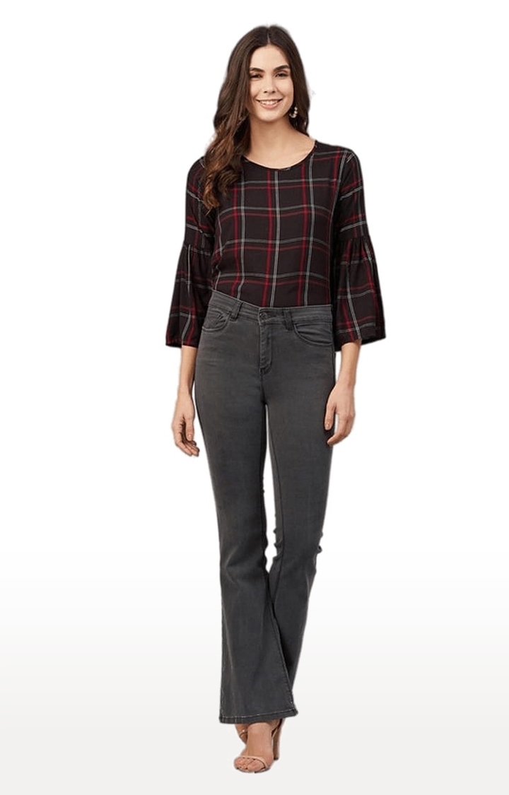 Women's Red and White  Viscose Checked Blouson Top