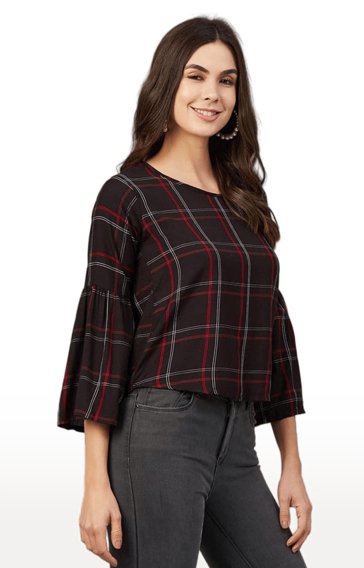 Women's Red and White  Viscose Checked Blouson Top