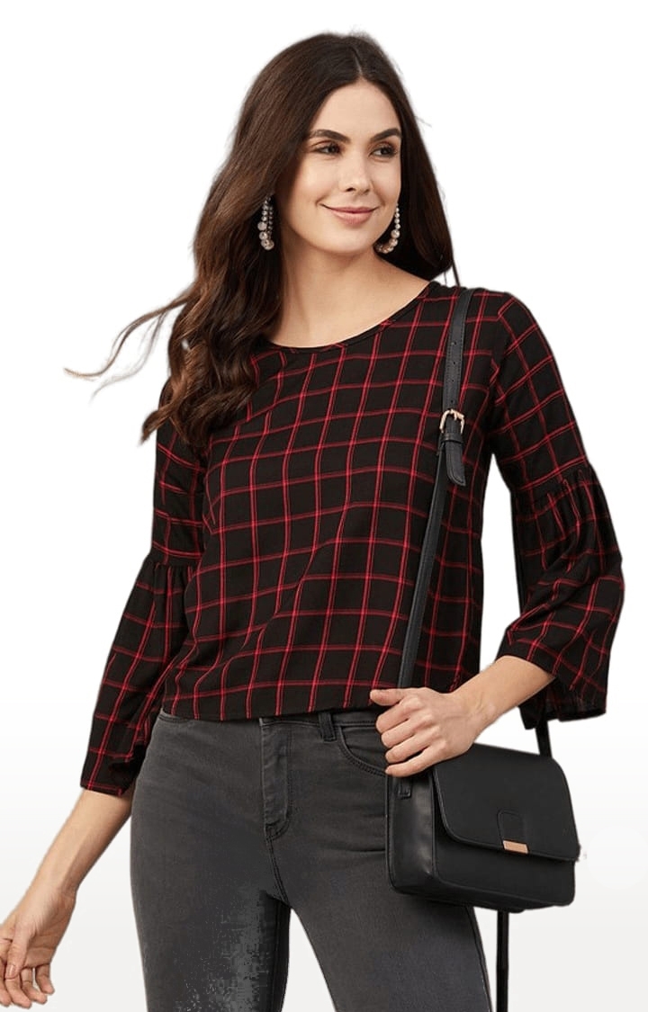 CHIMPAAANZEE | Women's Red and Black Viscose Checked Blouson Top