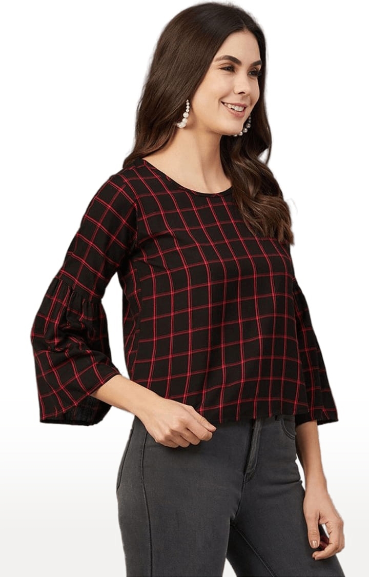 Women's Red and Black Viscose Checked Blouson Top