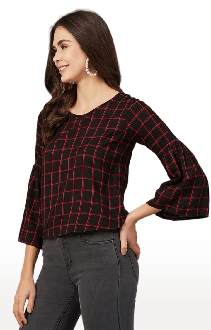 Women's Red and Black Viscose Checked Blouson Top