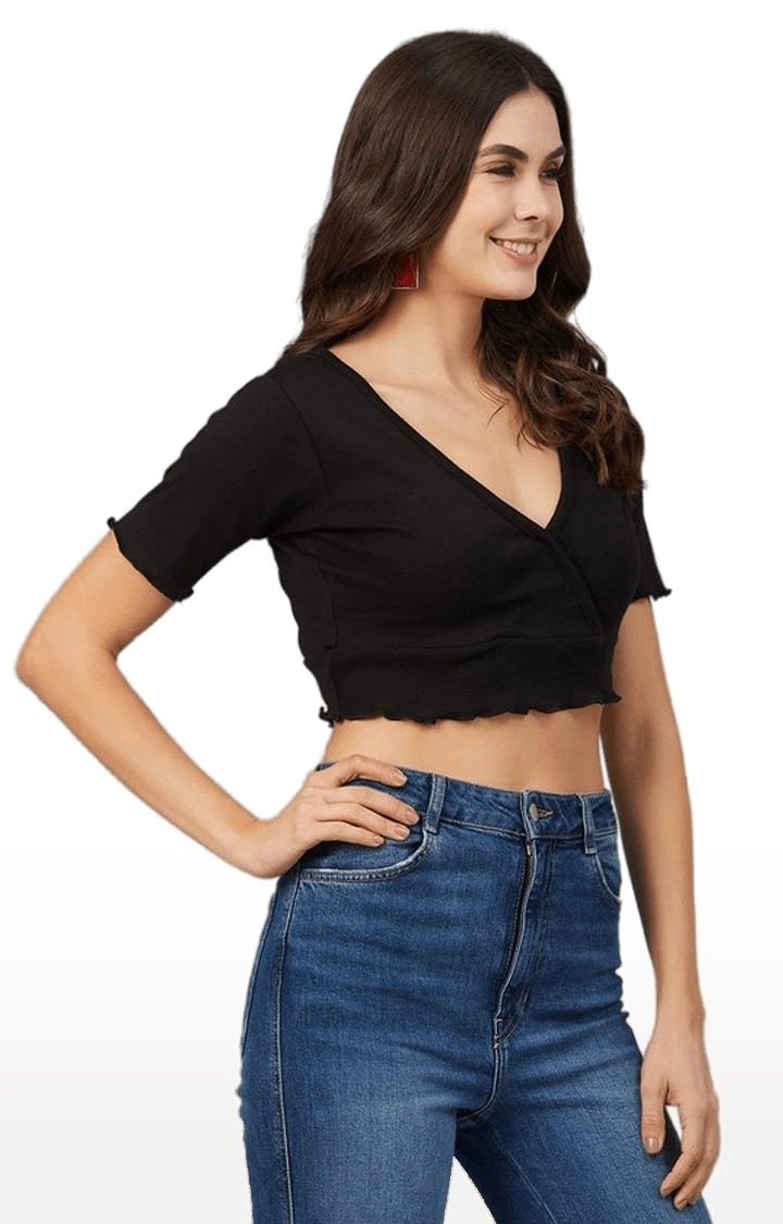 Women's Black Viscose Solid Crop Top