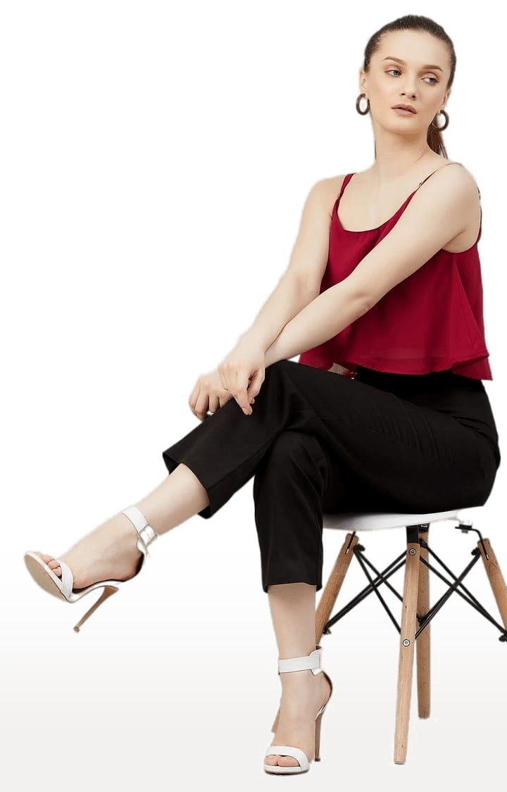 Women's Maroon Georgette Solid Strappy Top