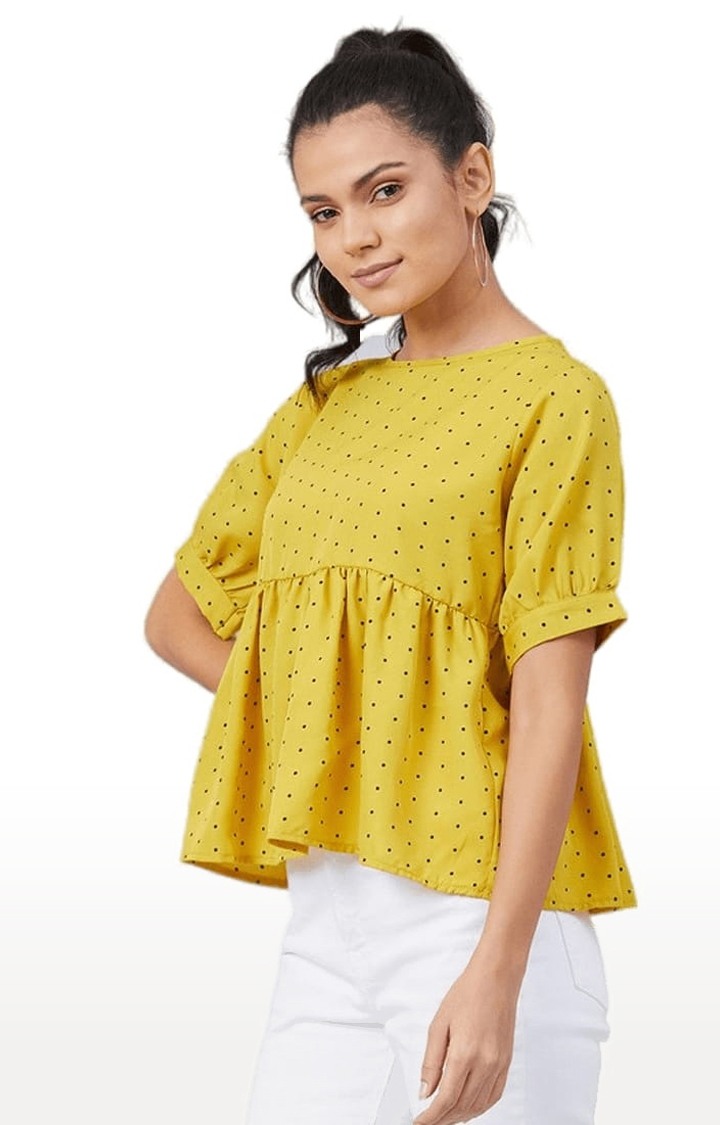 Women's Mustard Crepe Polka Dots Peplum Top