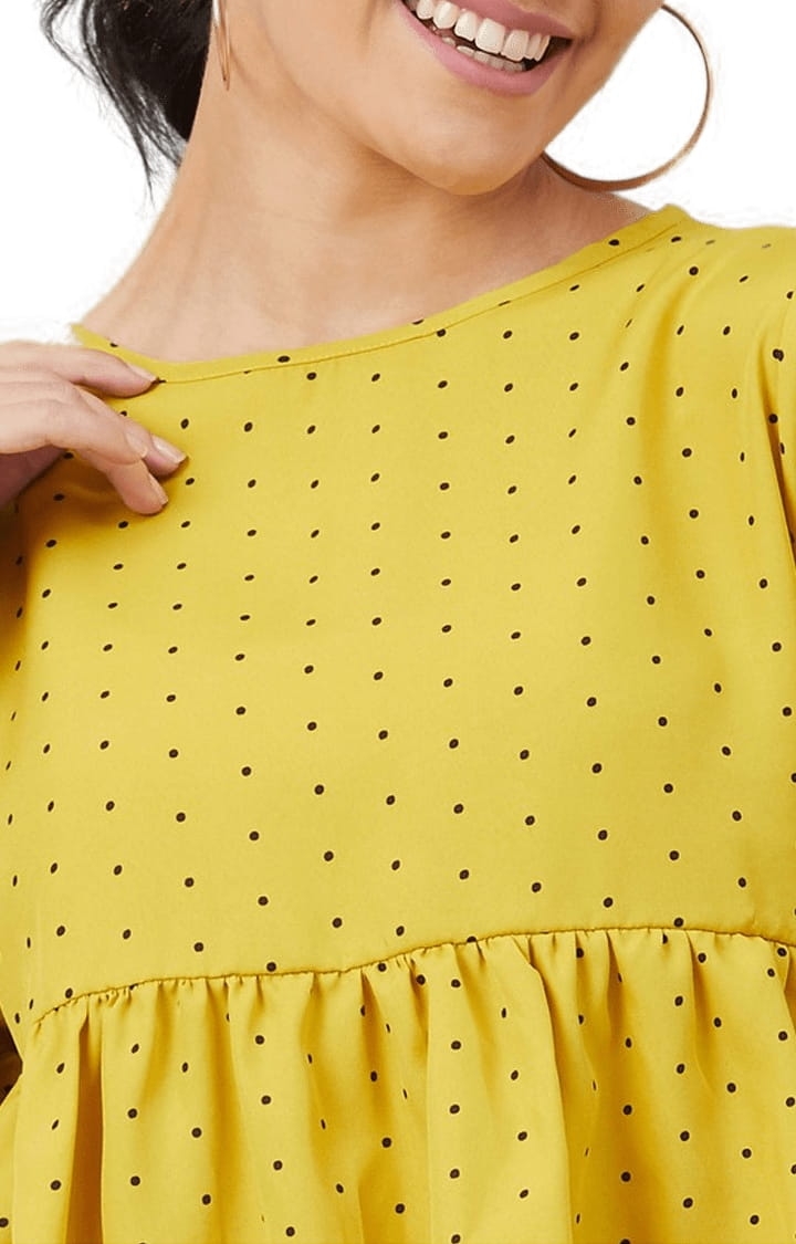 Women's Mustard Crepe Polka Dots Peplum Top