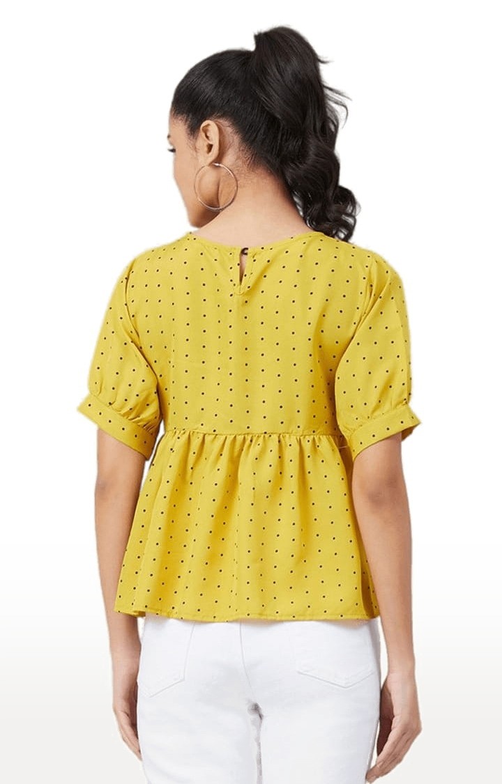 Women's Mustard Crepe Polka Dots Peplum Top