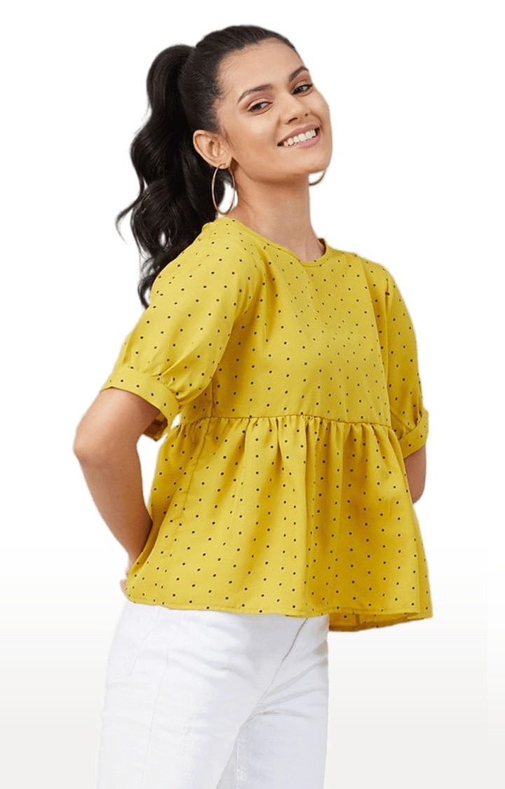 Women's Mustard Crepe Polka Dots Peplum Top