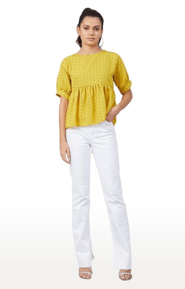 Women's Mustard Crepe Polka Dots Peplum Top