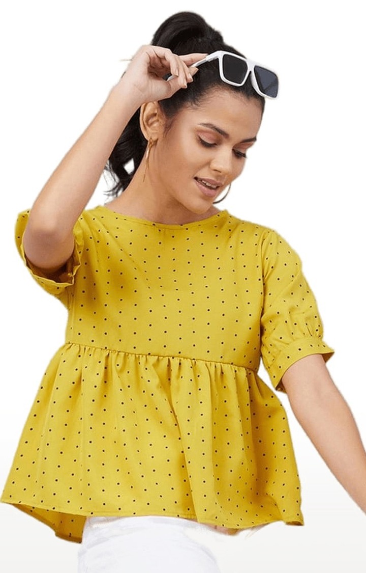 Women's Mustard Crepe Polka Dots Peplum Top