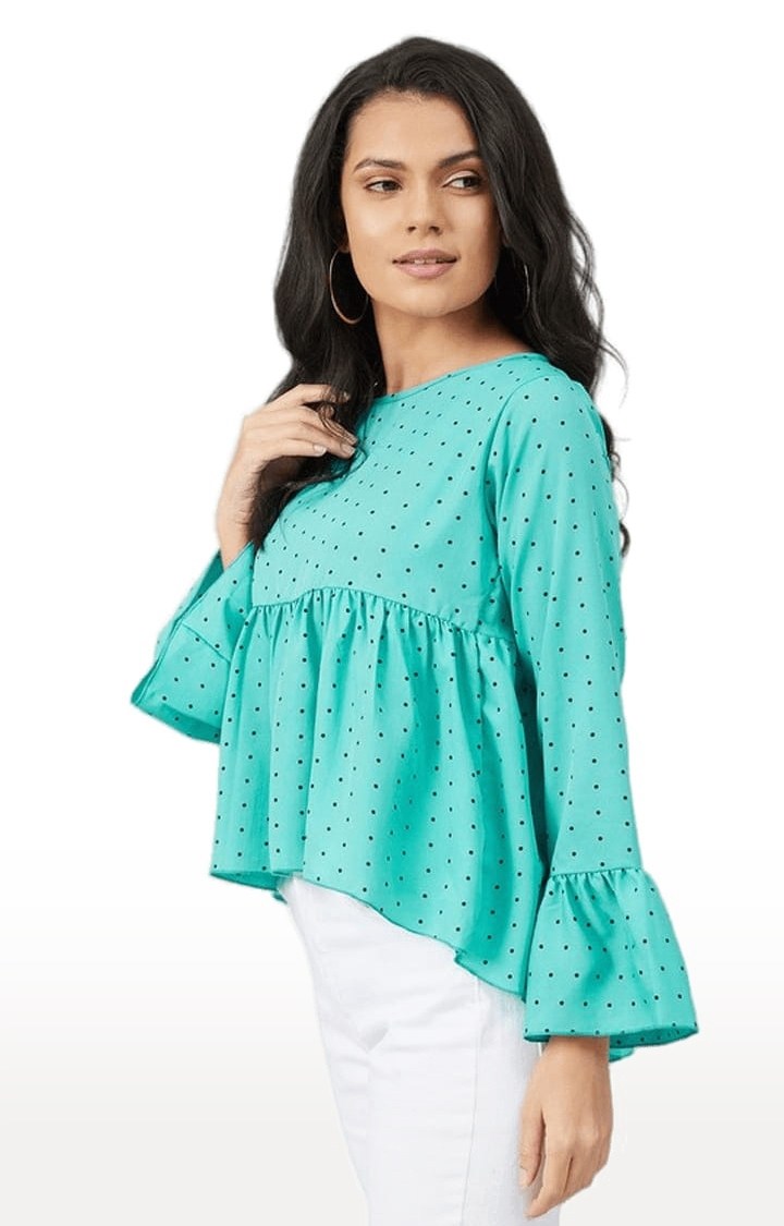 Women's Rama Green Crepe Polka Dots Peplum Top