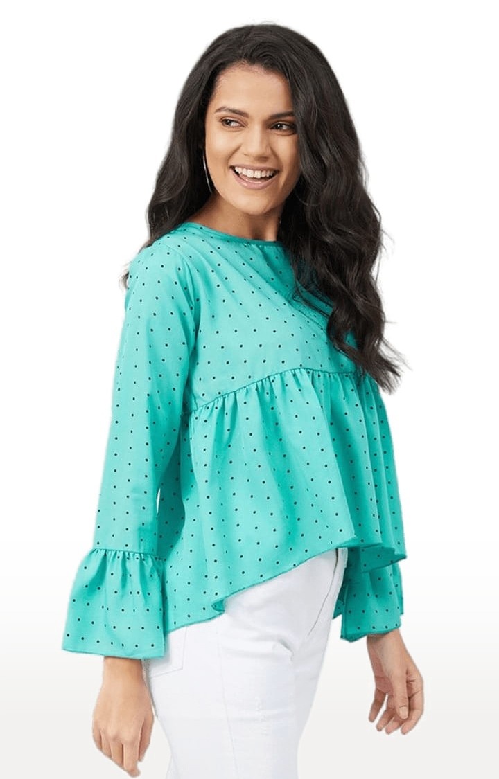 Women's Rama Green Crepe Polka Dots Peplum Top