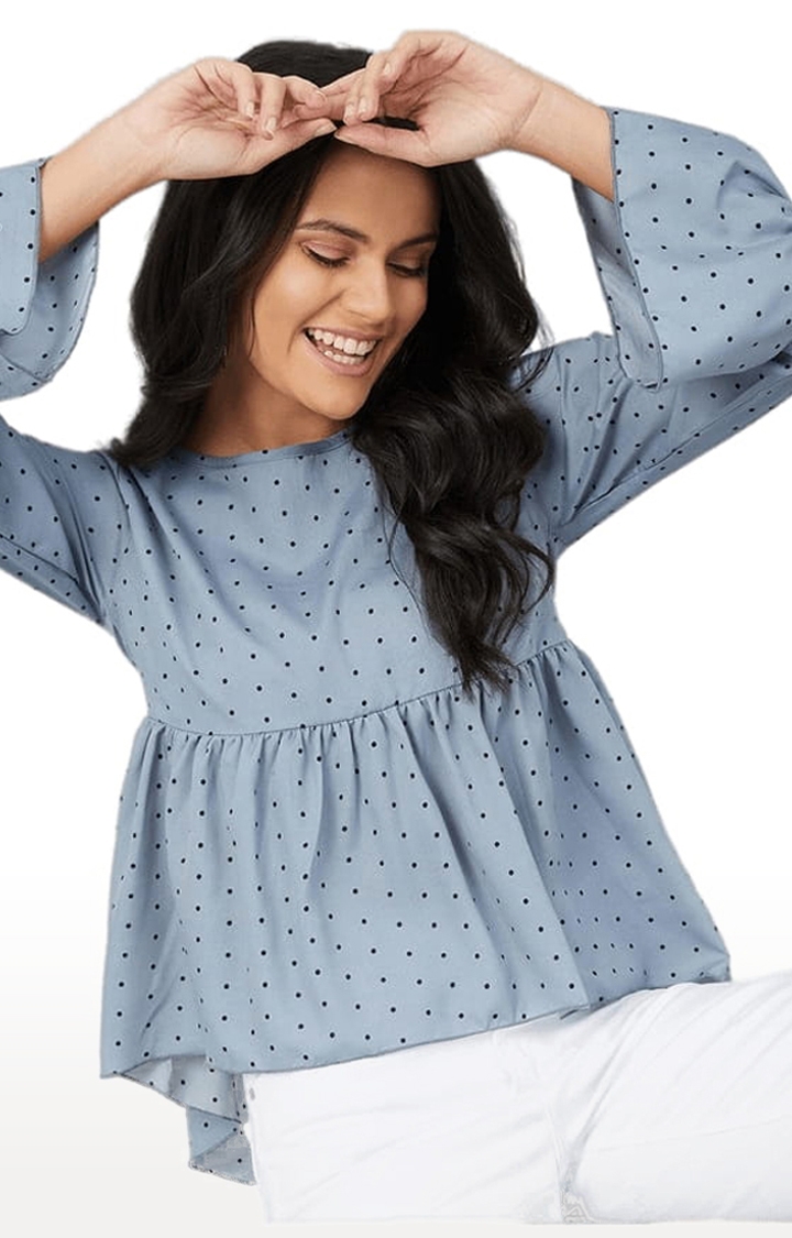 Women's Grey Crepe Polka Dots Peplum Top