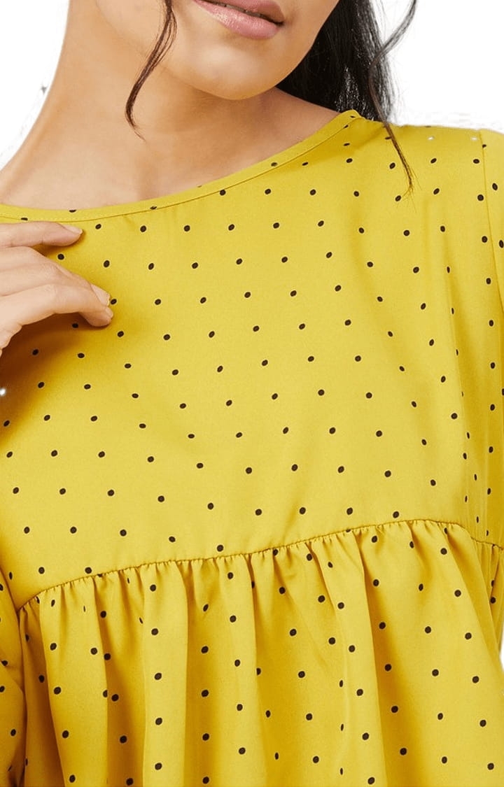 Women's Mustard Crepe Polka Dots Peplum Top