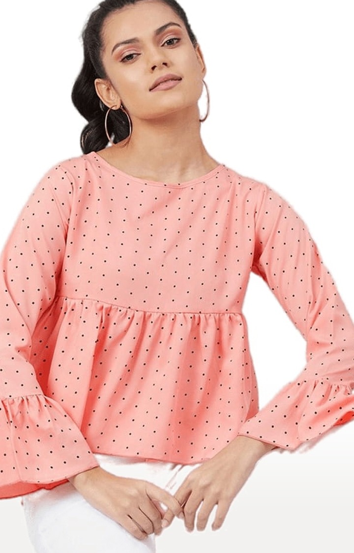 Women's Peach Crepe Polka Dots Peplum Top