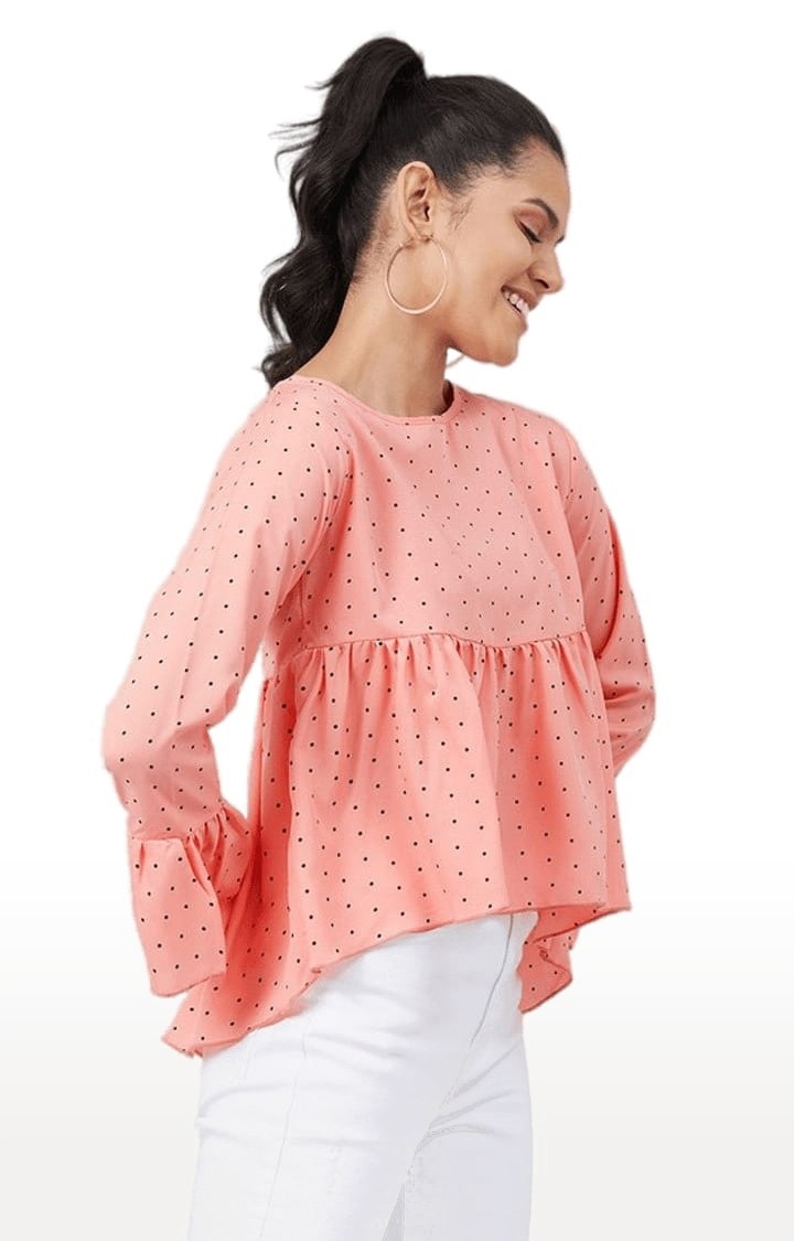 Women's Peach Crepe Polka Dots Peplum Top
