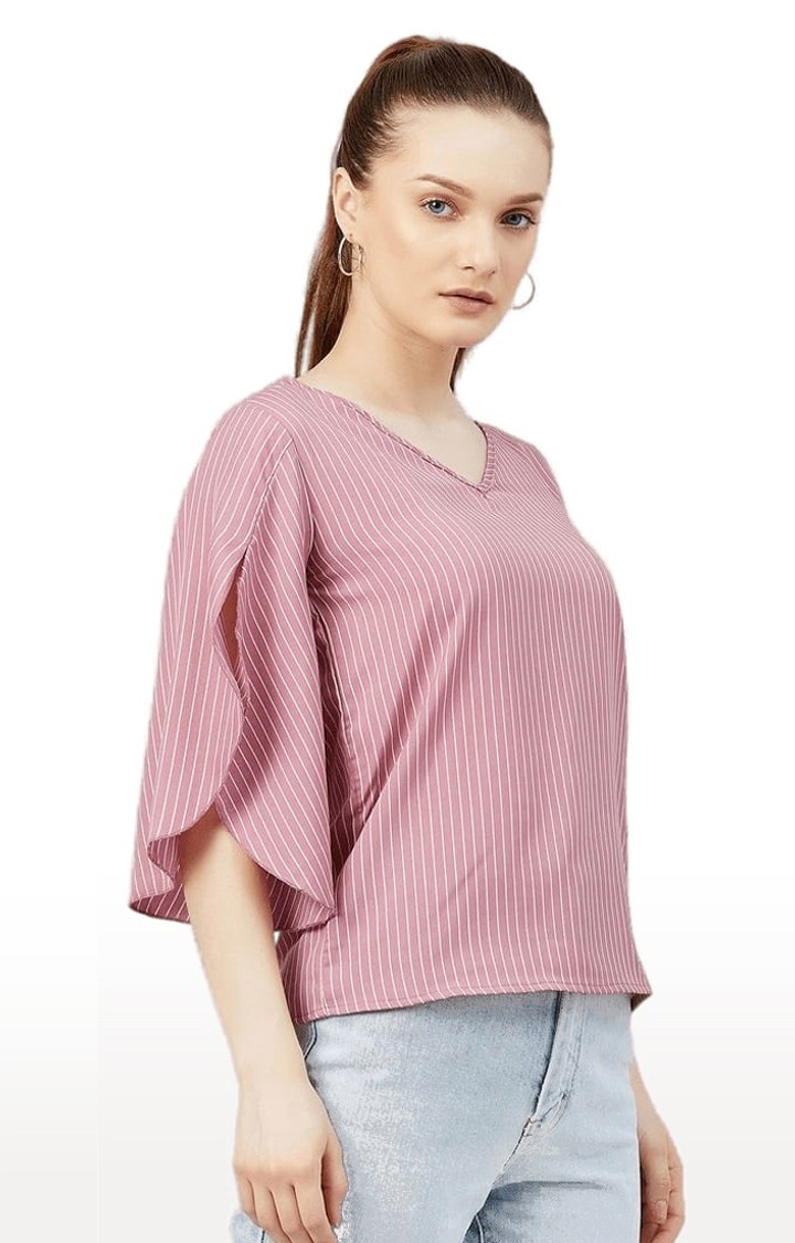 Women's Pink Crepe Striped Blouson Top