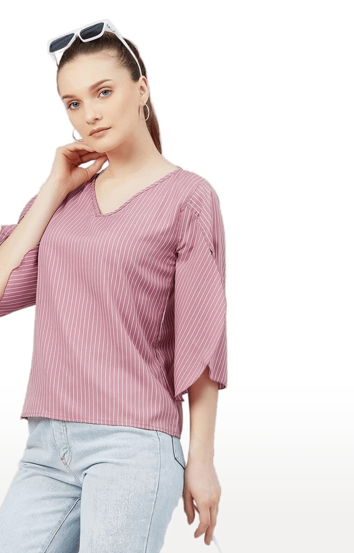 Women's Pink Crepe Striped Blouson Top