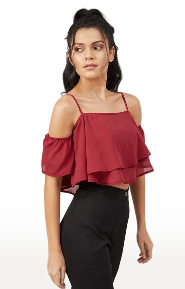 Women's Maroon Georgette Solid Strappy Top