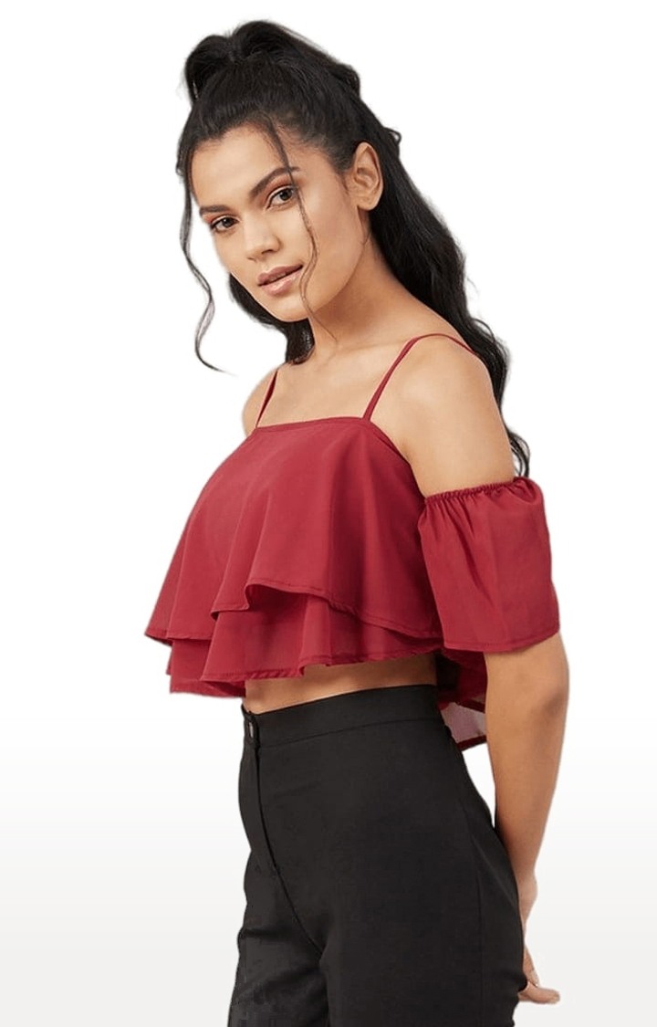 Women's Maroon Georgette Solid Strappy Top