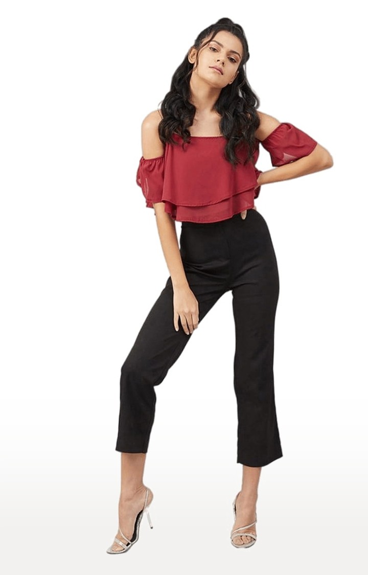 Women's Maroon Georgette Solid Strappy Top