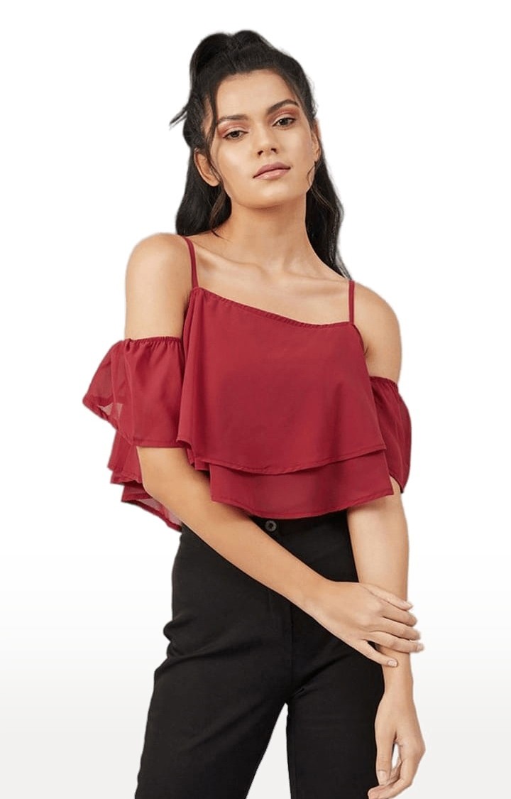 Women's Maroon Georgette Solid Strappy Top