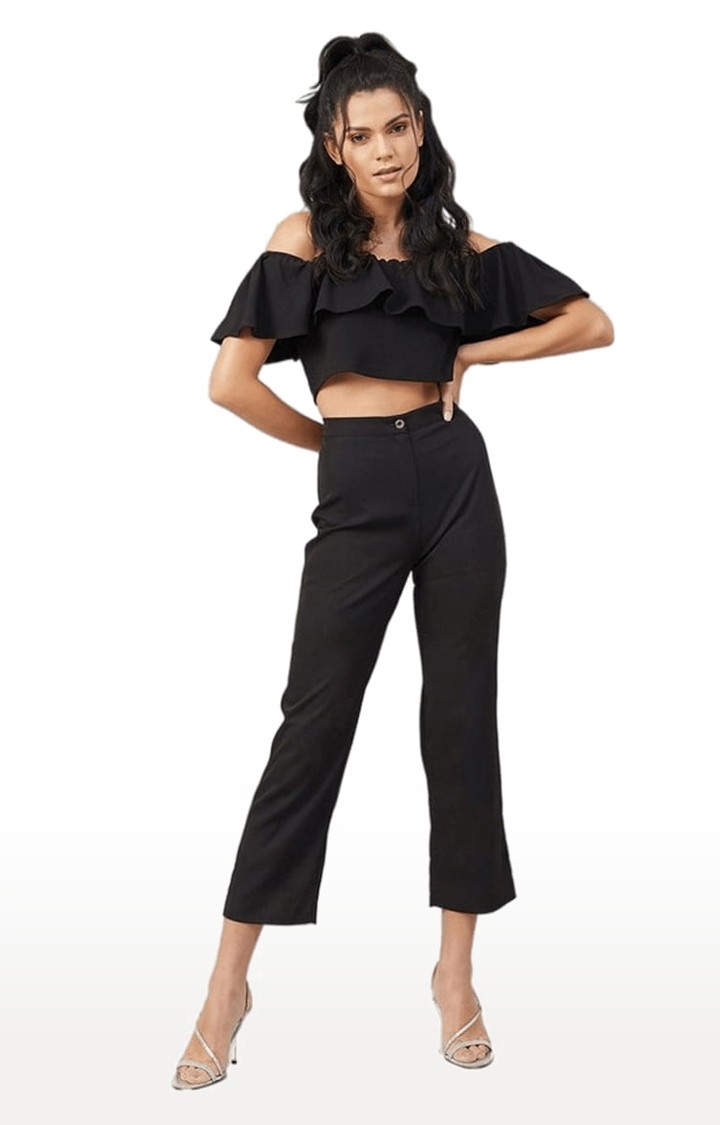 Women's Black Polyester Solid Off Shoulder Top