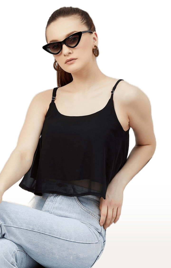 Women's Black Georgette Solid Strappy Top